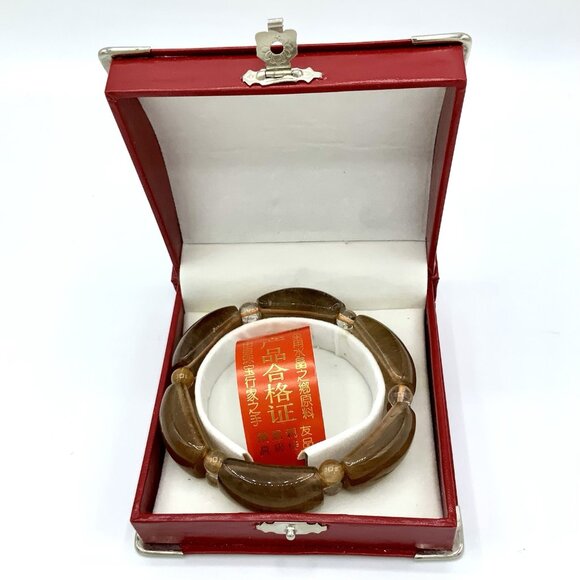 Golden Brown Rutilated Quartz Crystal Stretch Bracelet Gemstone Beads w/ Box - Picture 1 of 13